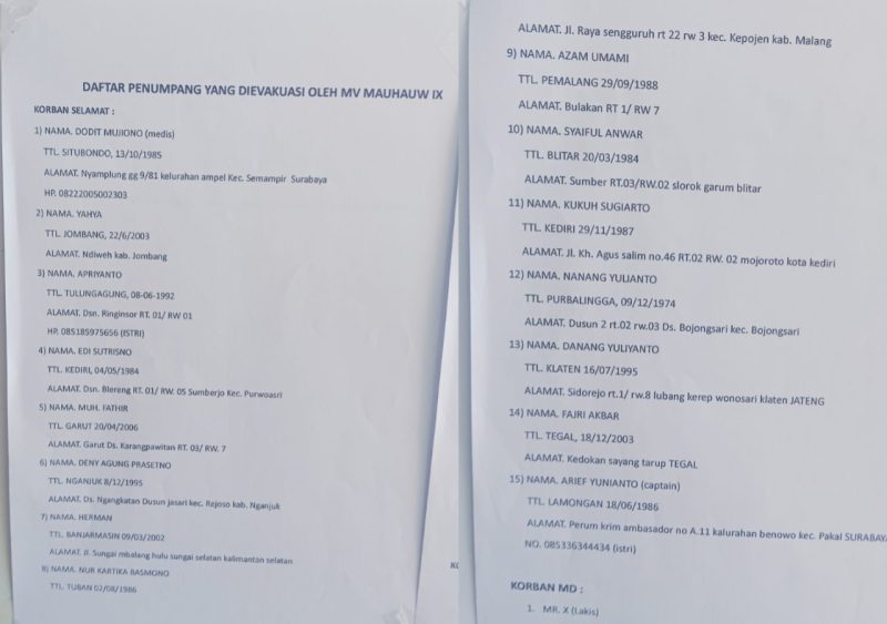 16 korban ini yang dievakuasi MV Mauhauw IX ke Pelabuhan Trisakti Banjarmasin, Senin (14/9).
