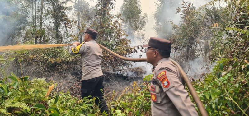 Foto: Personel Polsek Kotabesi melakukan pemadaman dititik lokasi terjadinya kebakaran hutan dan lahan.